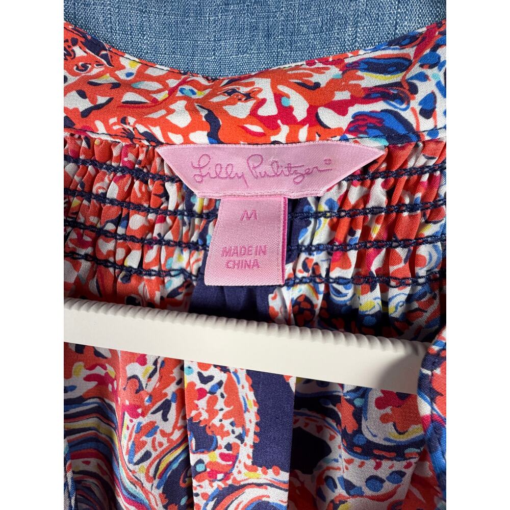 Lilly Pulitzer 100% Silk Paisley Peasant Blouse Women’s Medium Boho Pink Blue - Picture 5 of 7